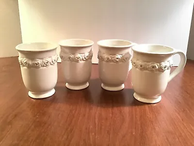 $27.99 • Buy 4 White Ceramic Embossed Floral Pedestal Coffee Mugs Silver Bling