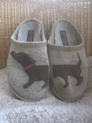 LADIES “HAFLINGER” SLIP ON SLIPPERS GREY SIZE 7 Dachshund MOTIF PURE NEW WOOL • £7.99