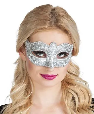 Christmas / NYE Silver  Glitter Venice Venetian Eye Mask Masquerade Ball • £6.99