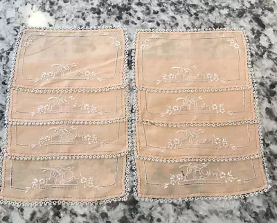 Set 8 Vintage MADEIRA Peach COCKTAIL Napkins Hand Embroidered W/Eyelet Lace-FINE • $24.95