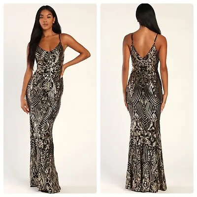 Lulus Truly Alluring Black And Gold Sequin Mermaid Maxi Dress Size XS • $55