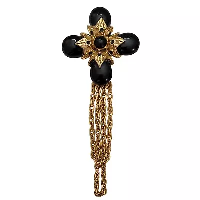 St. John Gold Tone Chatelaine Chain Black Enamel Maltese Cross Brooch Signed E4 • $62