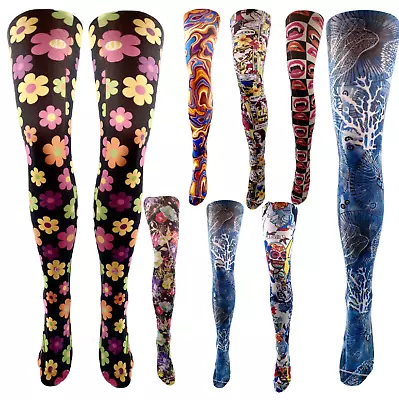 Ladies Tights Printed Patterned Tattoo Flower Floral Vintage Tartan Pop Comic • £14.19