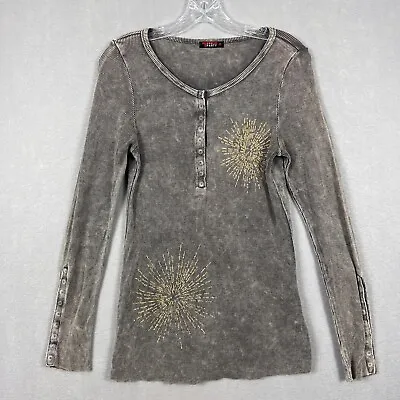 T Party Thermal Henley Top Womens Large Gray Beaded Long Sleeve Snap Buttons • $19.05