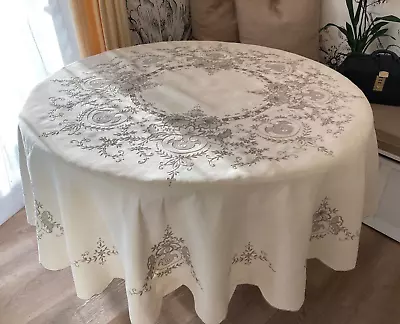 New Vintage Madeira Hand Embroidered Ecru Linen 80” Round Tablecloth • $269