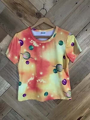 Vintage 90s Galaxy Space Planets Printed Stretchy Baby Doll T-shirt Top Cherisa • £33.78