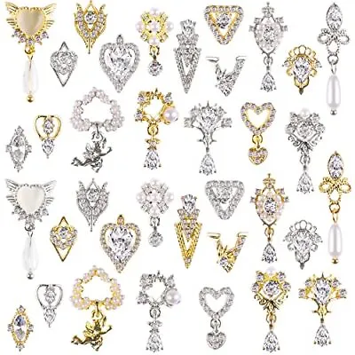 36 Pcs Luxury Nail Art Rhinestone  3D Dangle Nail Art Charms Gold Silver  • $20.23