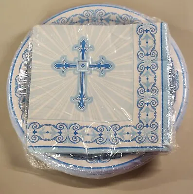 Radiant Cross Blue Paper Plates And Napkins For First Communion • £4.82