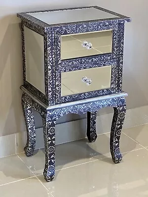 Mirrored Blackened Silver Metal Embossed 2 Drawer Bedside Table Side Table • £104.95