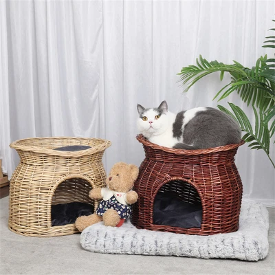 £27.94 • Buy Wicker Cat House Pet Bed Elevated Rattan Kitten Basket Cozy Cave W/ Soft Cushion
