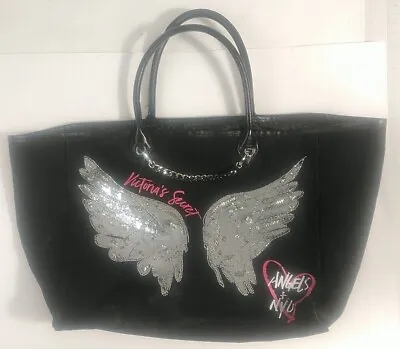 Victoria’s Secret Black Canvas Metal Chain Link Shiny Angel Wings Tote Bag • $40