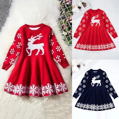 Kids Girls Christmas Dress Elk Printed Winter Xmas Long Sleeve Dresses Costume • £13.49