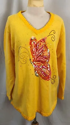 Quacker Factory Womens Pullover V Neck Sweater Yellow Butterfly Sequins Beads 1X • $17.99