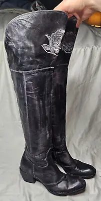 Mark Nason Over Knee Boots Womens 9.5 Black Distressed Leather Square Toe Italy • $174.97