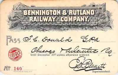 1890 Bennington Rutland Quarry Stone Low # 140 Railroad Railway Rr Rwy Pass • $175