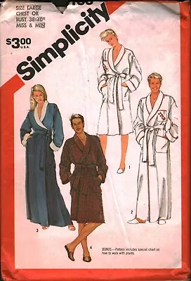 6188 Vintage Simplicity Sewing Pattern Mens Misses Robe Bathrobe Casual OOP 80s • $5.59