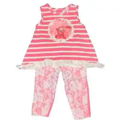6/9 Peaches N' Cream Baby Girls Boutique Coral Ivory Lace Flower Outfit Set • $25