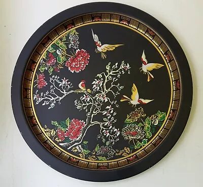 Vtg Hong Kong Black Lacquer Metal Serving Tray Hand Painted Birds Red Floral MCM • $19.95