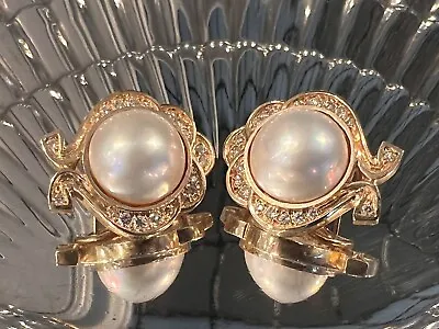 STUNNING Large 14K Yellow Gold Mabe Pearl Earrings With Diamonds With Omega Clip • $750