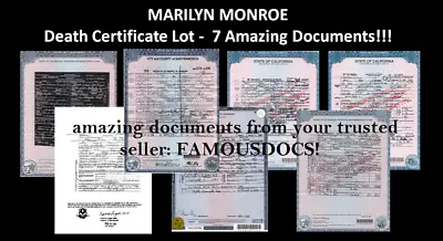 Ultimate Fan Marilyn Monroe DEATH CERTIFICATE Lot 7 Amazing Historic Documents • $29.88