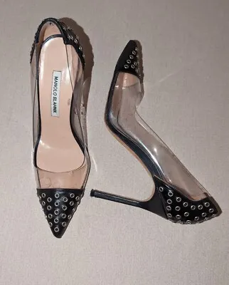 Manolo Blahnik Black Clear Studs Classic Leather Stiletto Size 38.5 (US 7.5-8) • $85