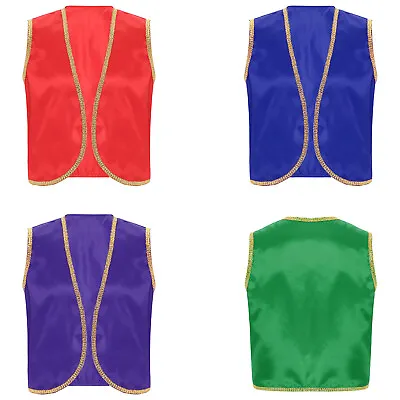 Men's Satin Sleeveless Indian Costume Vest Arabian Prince Open Front Waistcoat • £6.61