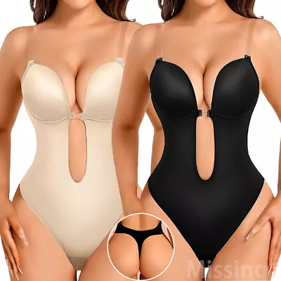 Women Invisible U Plunge Backless Underwear Deep V Push Up Bra Thong Body Shaper • $20.99