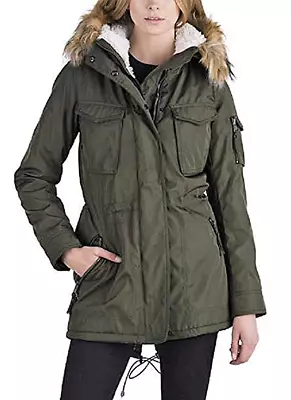  S13 New York Ladies Sherpa Lined Anorak Jacket Military   Faux Fur Trim On Hood • $76.99