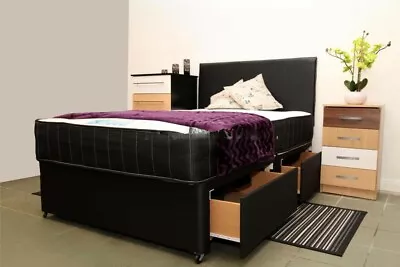 5ft King Size Memory Touch Divan Bed With 4 Drawers And Faux Leather Headboard • £329.83