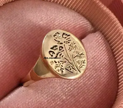 Vintage Jewelry Signet Men's Ring Botanical Design 14K Yellow Gold Plated Silver • $158.09