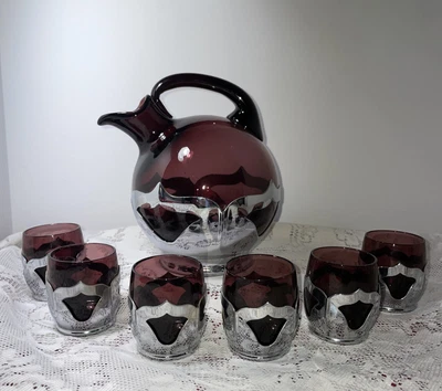 $32.89 • Buy Farber Bros Krome Kraft Cambridge Ball Amethyst Glass Decanter & 6 Cordials MCM