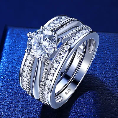 Vintage Wedding Engagement Ring Sets For Women Sterling Silver Wedding Band Set • $43.99