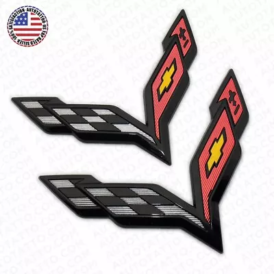 For Corvette C7 2014-2019 Gloss Black Front & Rear Set Cross Flags Emblem Sport • $24.99