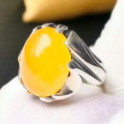 Men Yellow Agate Sharaf Shams Ring Sterling Silver Vintage Oval Aqeeq Dua • $59.95