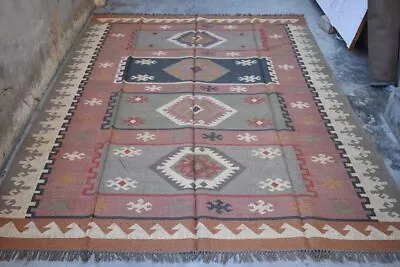 Large Jute Wool Kilim Flat Weave Floor Kilim Dhurrie Rugs 8x10 Multi Color • $688