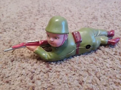 ALPS Occupied Japan Celluloid Windup “Sharp Shooter” Crawling Soldier • $35