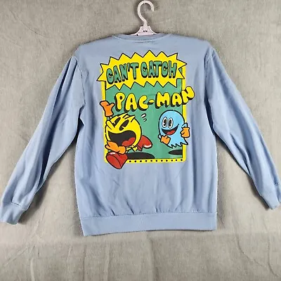 PacMan Sweater Mens M Blue Sweatshirt Pullover Crew Neck Gamer Logo FLAW • $11.25