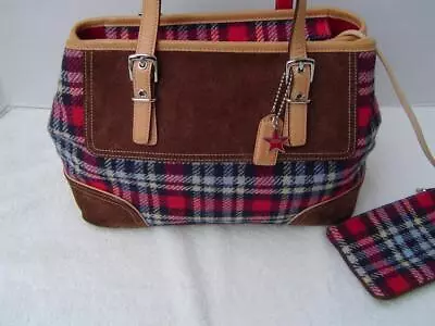 Authentic Coach Vintage Plaid Wool+suede Carry All+matching Wristlet #9521 Vgc • $119.99