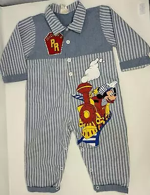 Vintage 90s Disney Kids Mickey Mouse Railroad Outfit Jumpsuit 24months Striped • $48