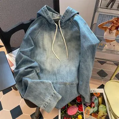 Men's Hooded Denim Parka Overalls Casual Loose Work Coat Vintage Jacket • $31.99