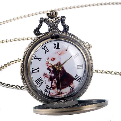 Retro Alice In Wonderland Rabbit Quartz Pocket Watch Necklace Bronze Steampunk • $4.95