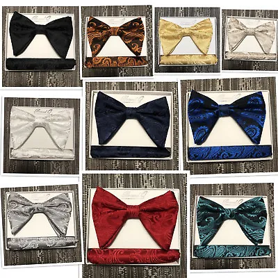 Men's LONG PAISLEY Pretied Butterfly Bow Tie And Pocket Sqaure Hanky Set • $22.83