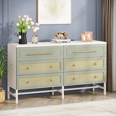 Tribesigns White&Green 6 Drawer Chest 55  Rattan Double Dresser For Bedroom • $191.08