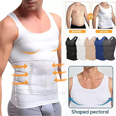 Mens Slimming Body Shaper Vest Moobs Chest Compression T-Shirt Tank Top Fitness • $14.88