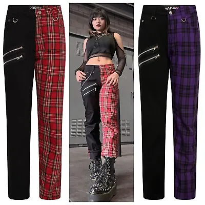 Unisex Gothic Tartan Split Trousers - Punk Emo Plaid Check Tapered Festive Pants • $37.29