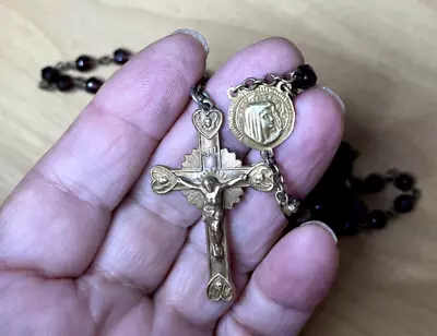 Vintage 17  Catholic Rosary Gold Tone Amethyst Purple Glass Beads & Sacred Heart • $15