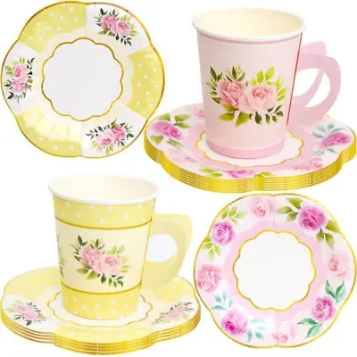 Floral Paper Tea Cups And Saucers Tea Party Decorations Mad Hatter Favors Dispos • $20.82