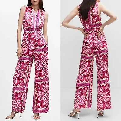 MANGO Metal Detail Printed Satin Jumpsuit Pink Size Small • $49