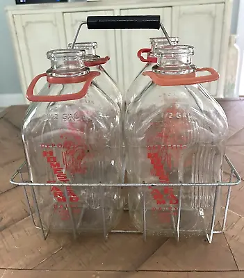 Vintage 4 Half Gallon Milk Bottles In Metal Carrier Caddy Homestead Farm Dairy • $65