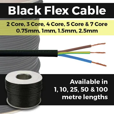 Black Flex Cable 2 Core -  7 Core Round Electrical Cable 0.75mm - 2.5mm 240V • £1.39